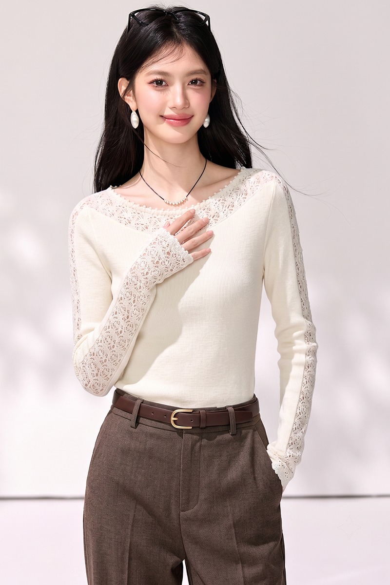 Crochet hollow bottoming sweater horizontal collar wool tops