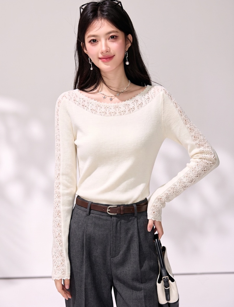 Crochet hollow bottoming sweater horizontal collar wool tops
