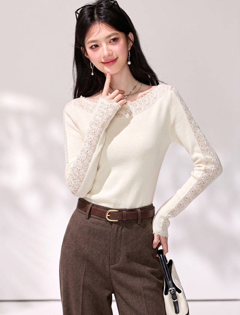 Crochet hollow bottoming sweater horizontal collar wool tops