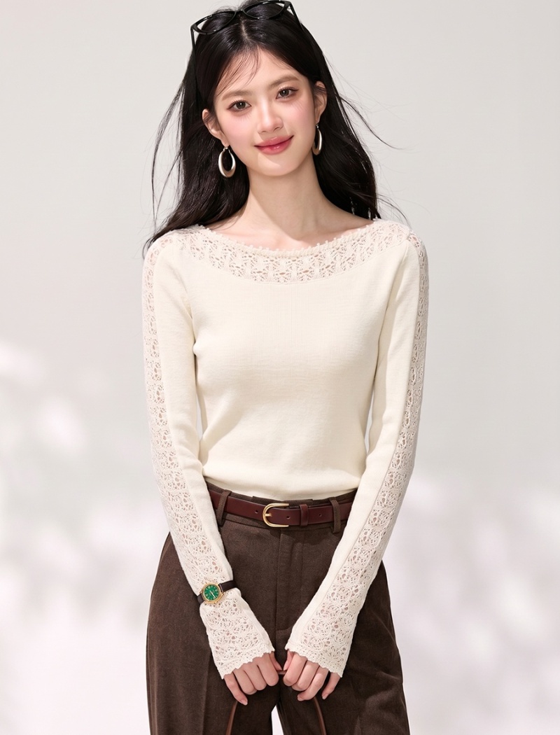 Crochet hollow bottoming sweater horizontal collar wool tops
