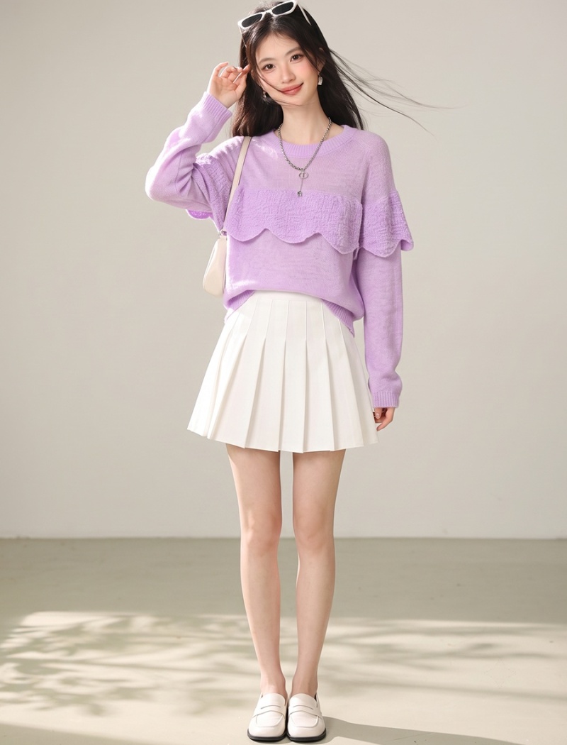 Purple hollow sweater all-match tops