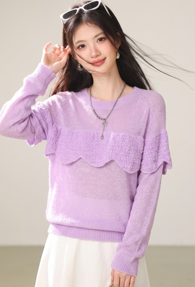 Purple hollow sweater all-match tops