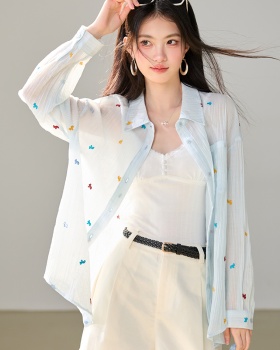 Loose long sleeve embroidery shirt blue autumn coat for women