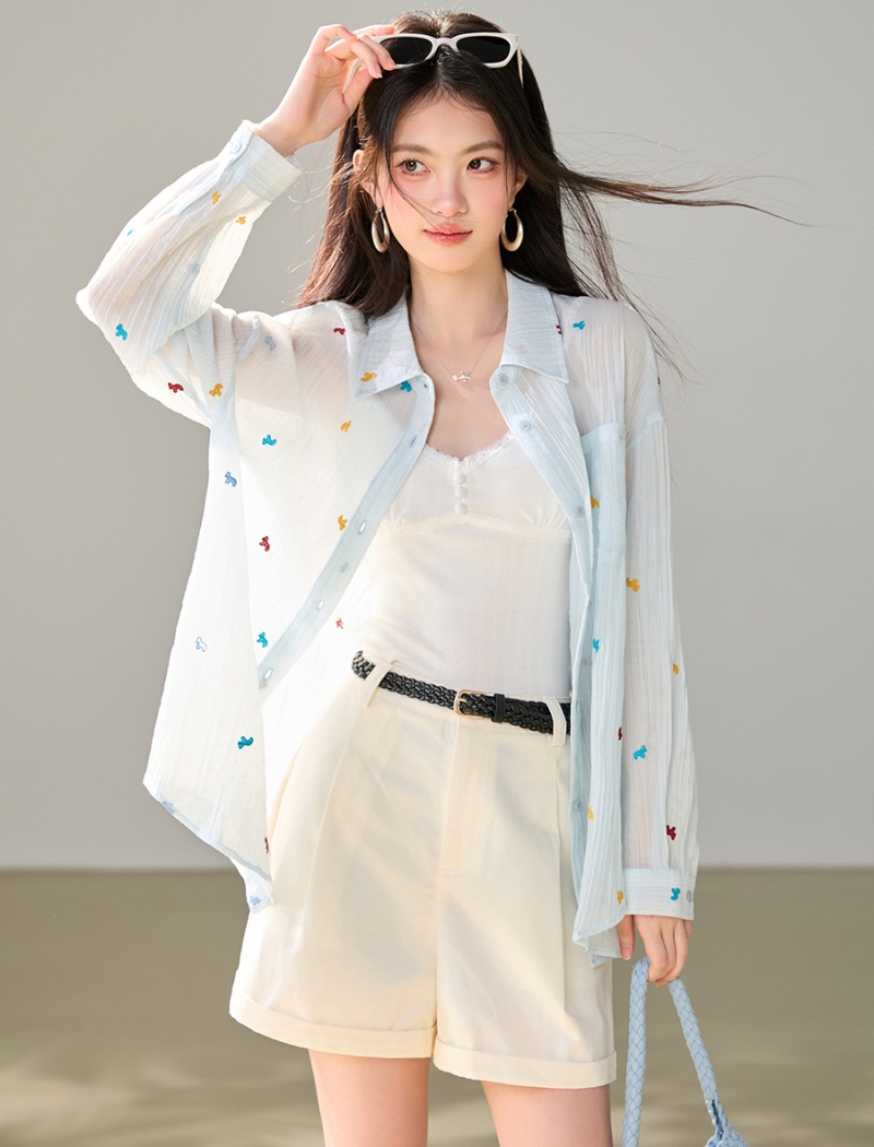 Loose long sleeve embroidery shirt blue autumn coat for women