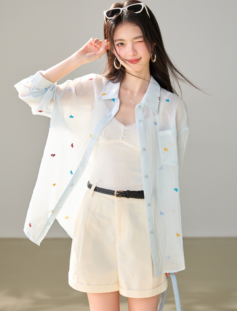 Loose long sleeve embroidery shirt blue autumn coat for women