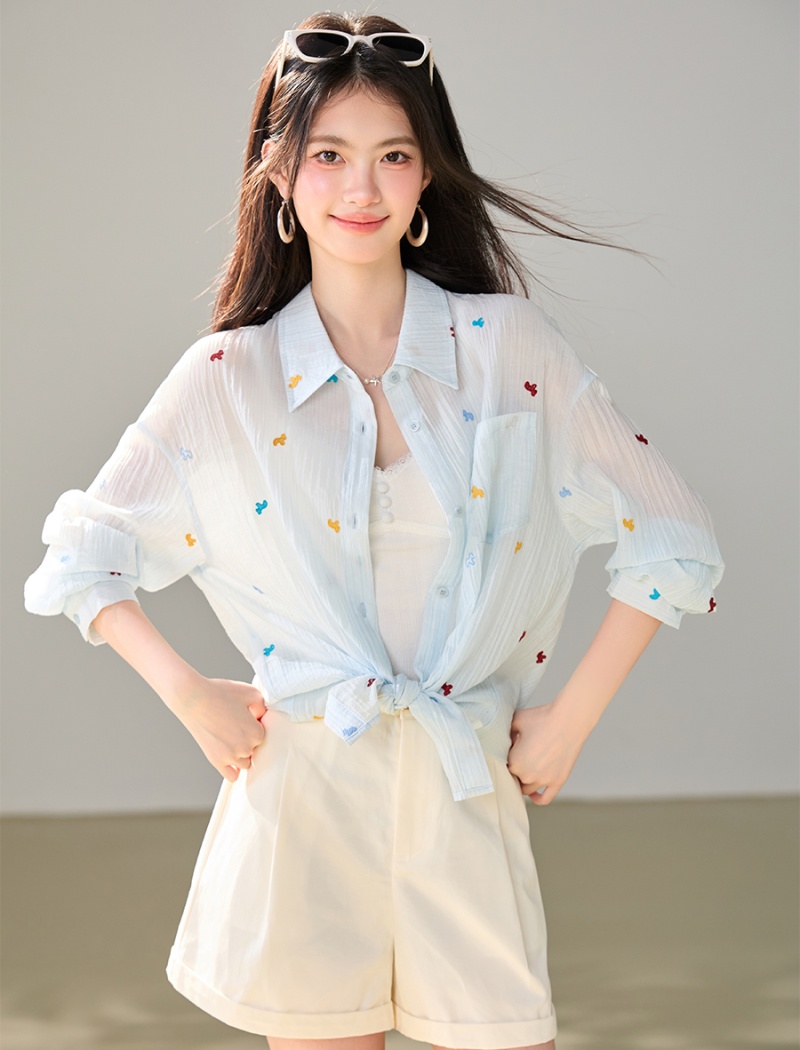 Loose long sleeve embroidery shirt blue autumn coat for women