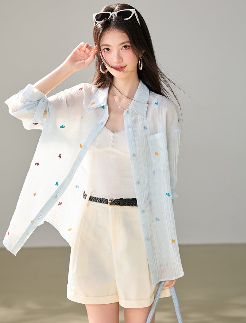 Loose long sleeve embroidery shirt blue autumn coat for women