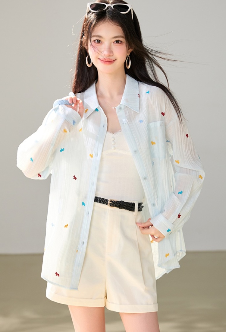 Loose long sleeve embroidery shirt blue autumn coat for women