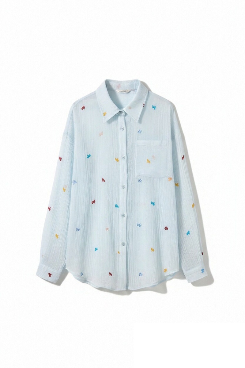 Loose long sleeve embroidery shirt blue autumn coat for women