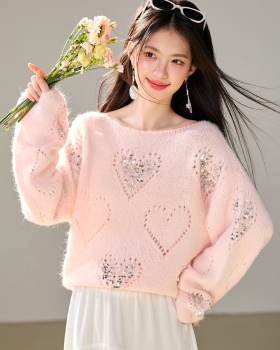 Heart sequins tops hollow France style sweater for women