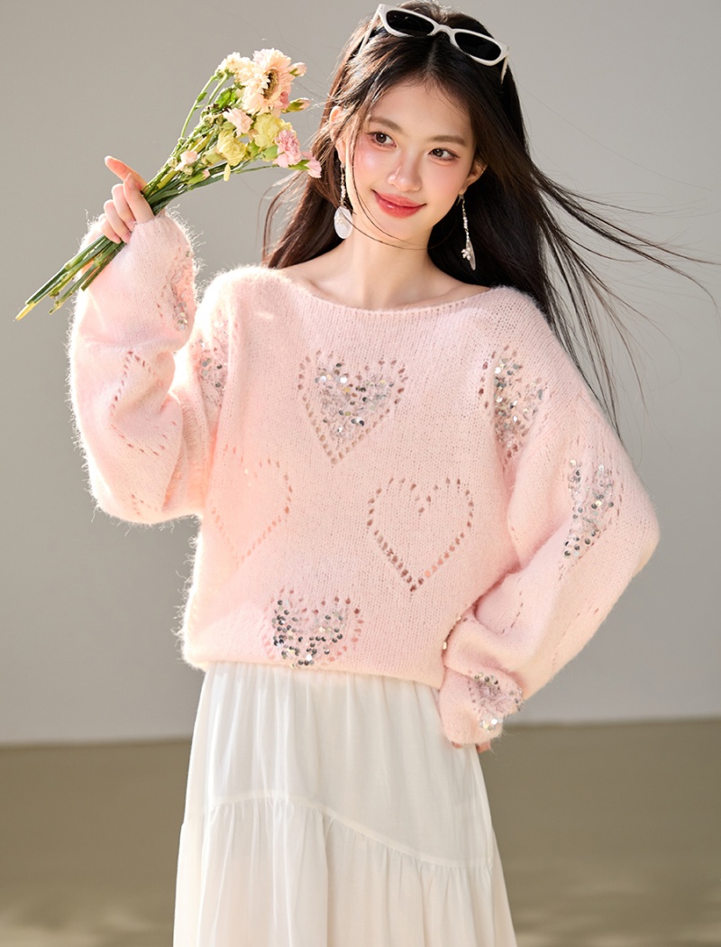 Heart sequins tops hollow France style sweater for women