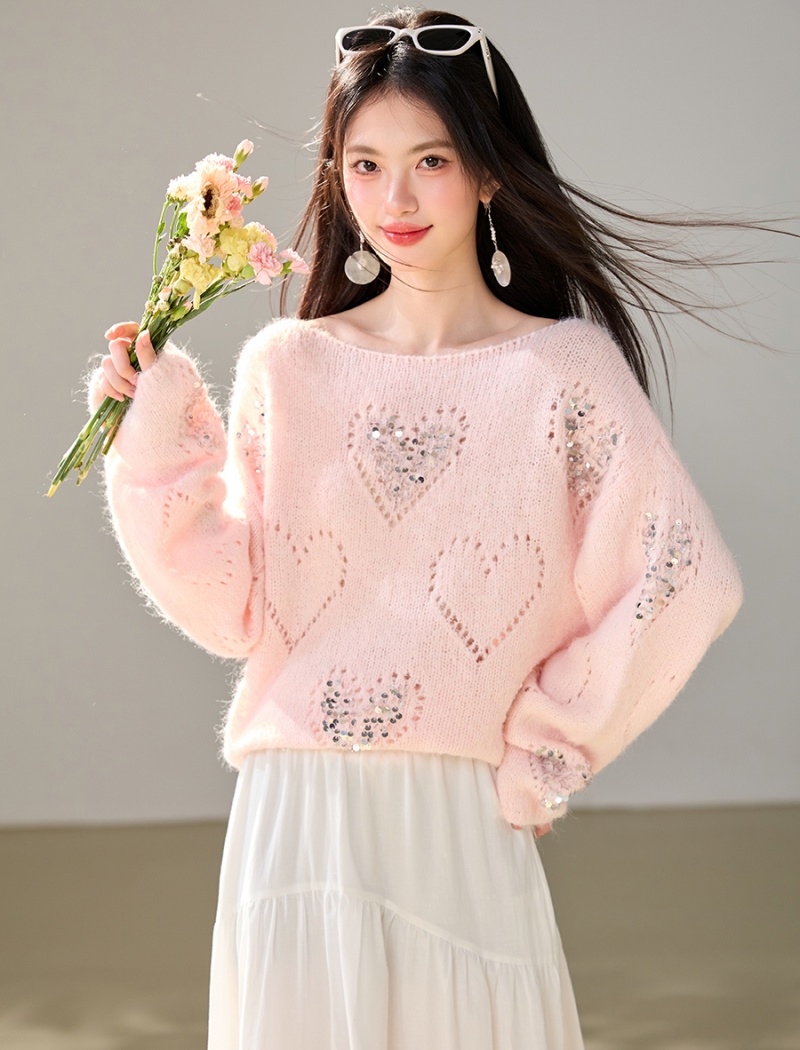 Heart sequins tops hollow France style sweater for women