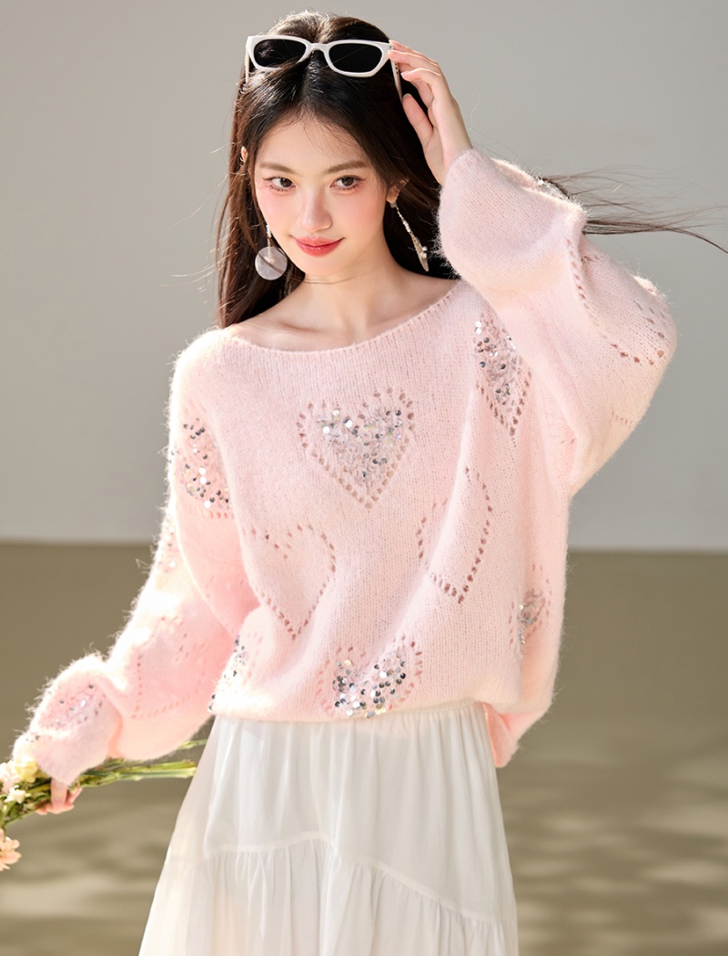 Heart sequins tops hollow France style sweater for women