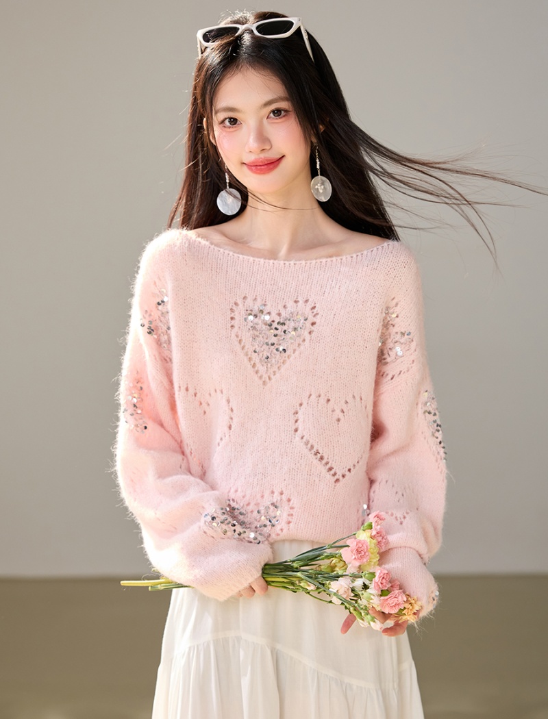 Heart sequins tops hollow France style sweater for women