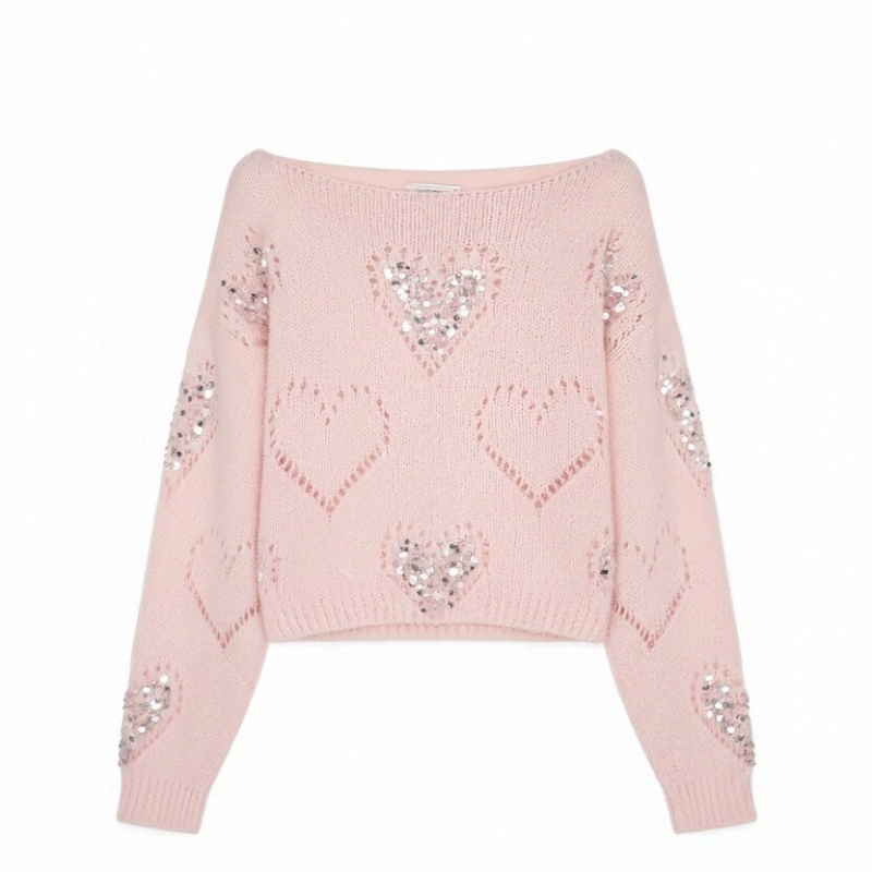 Heart sequins tops hollow France style sweater for women