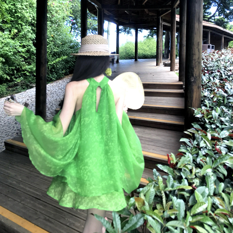 Vacation was white summer tops green sling skirt 2pcs set
