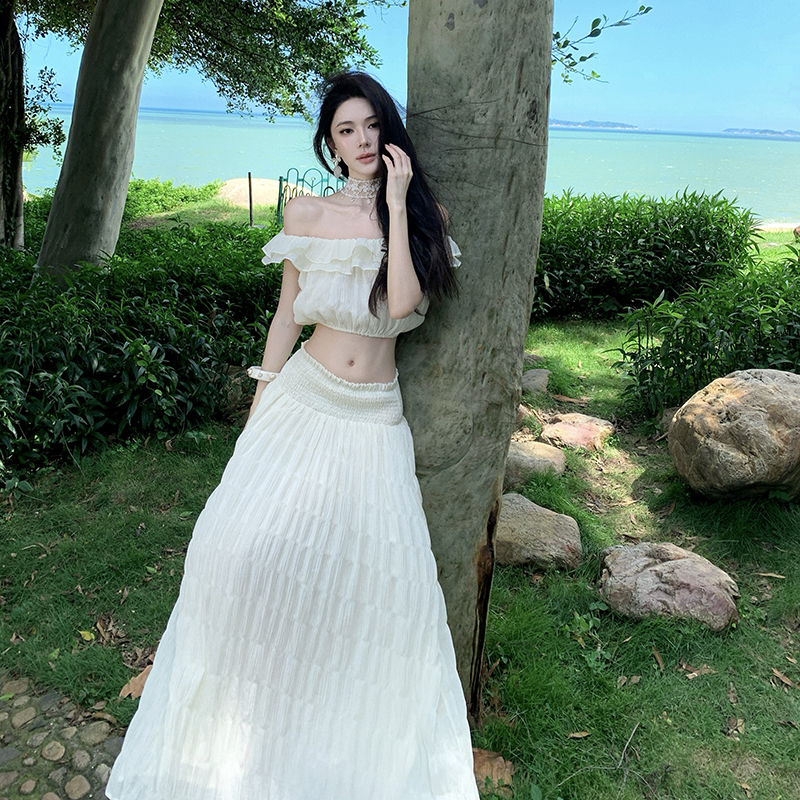 Vacation low-waist dress lotus leaf edges long dress 2pcs set