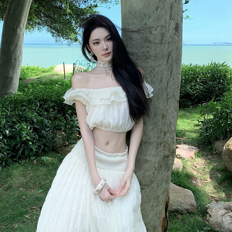 Vacation low-waist dress lotus leaf edges long dress 2pcs set