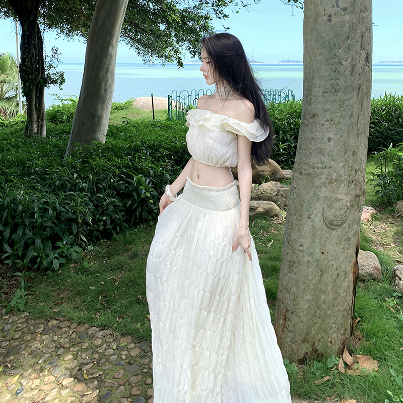 Vacation low-waist dress lotus leaf edges long dress 2pcs set