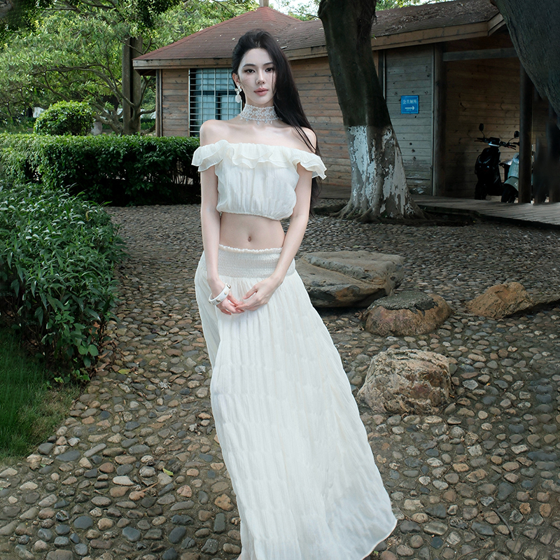 Vacation low-waist dress lotus leaf edges long dress 2pcs set