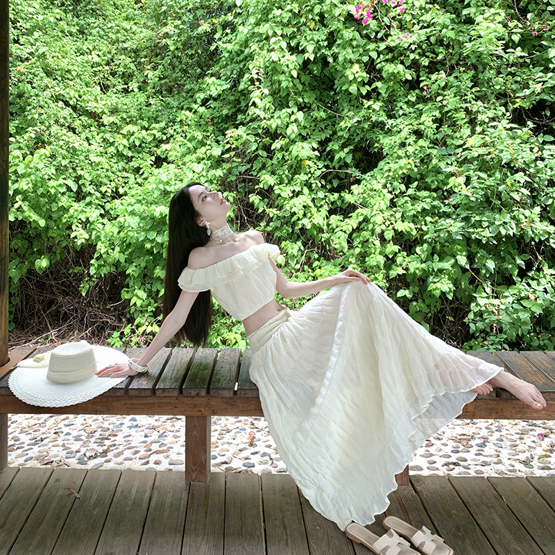 Vacation low-waist dress lotus leaf edges long dress 2pcs set