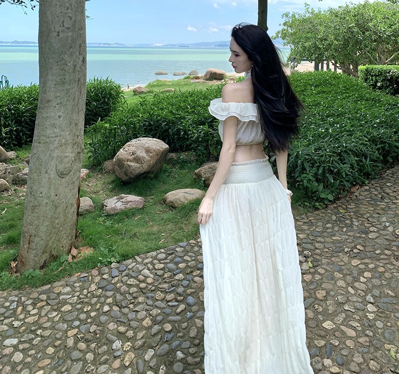 Vacation low-waist dress lotus leaf edges long dress 2pcs set