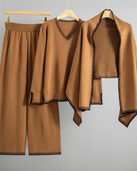 Knitted wide leg pants V-neck sweater 3pcs set for women