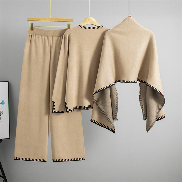 Knitted wide leg pants V-neck sweater 3pcs set for women