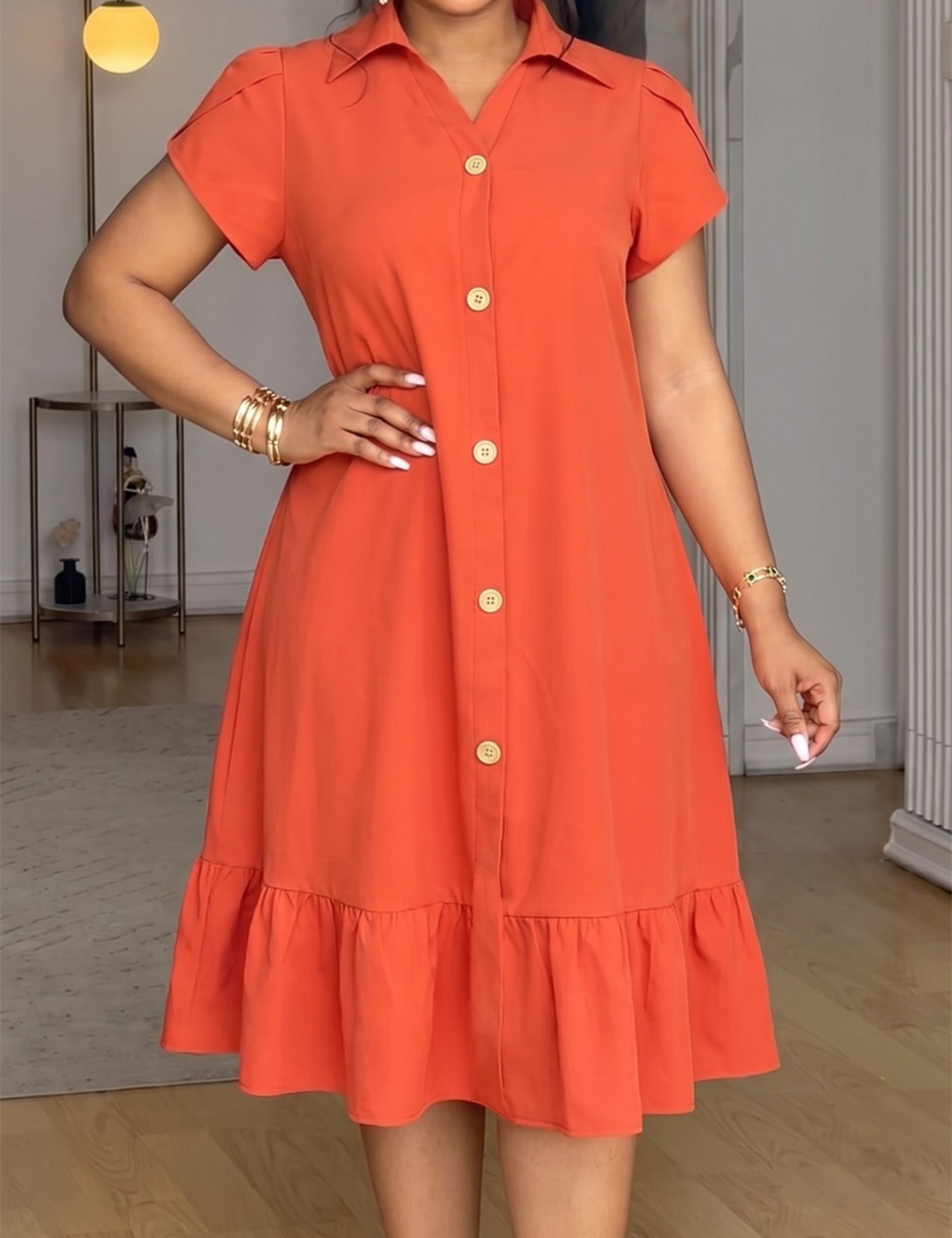 Lapel buckle European style A-line Casual pure dress