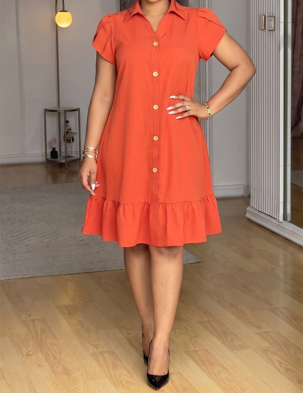 Lapel buckle European style A-line Casual pure dress