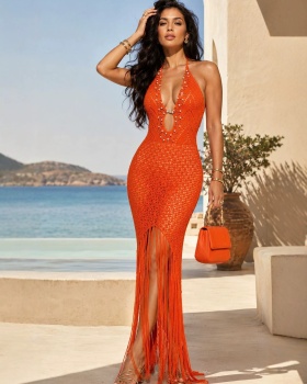 Hollow halter seaside dress vacation beading smock