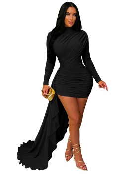 Sexy pure dress long sleeve half high collar T-back