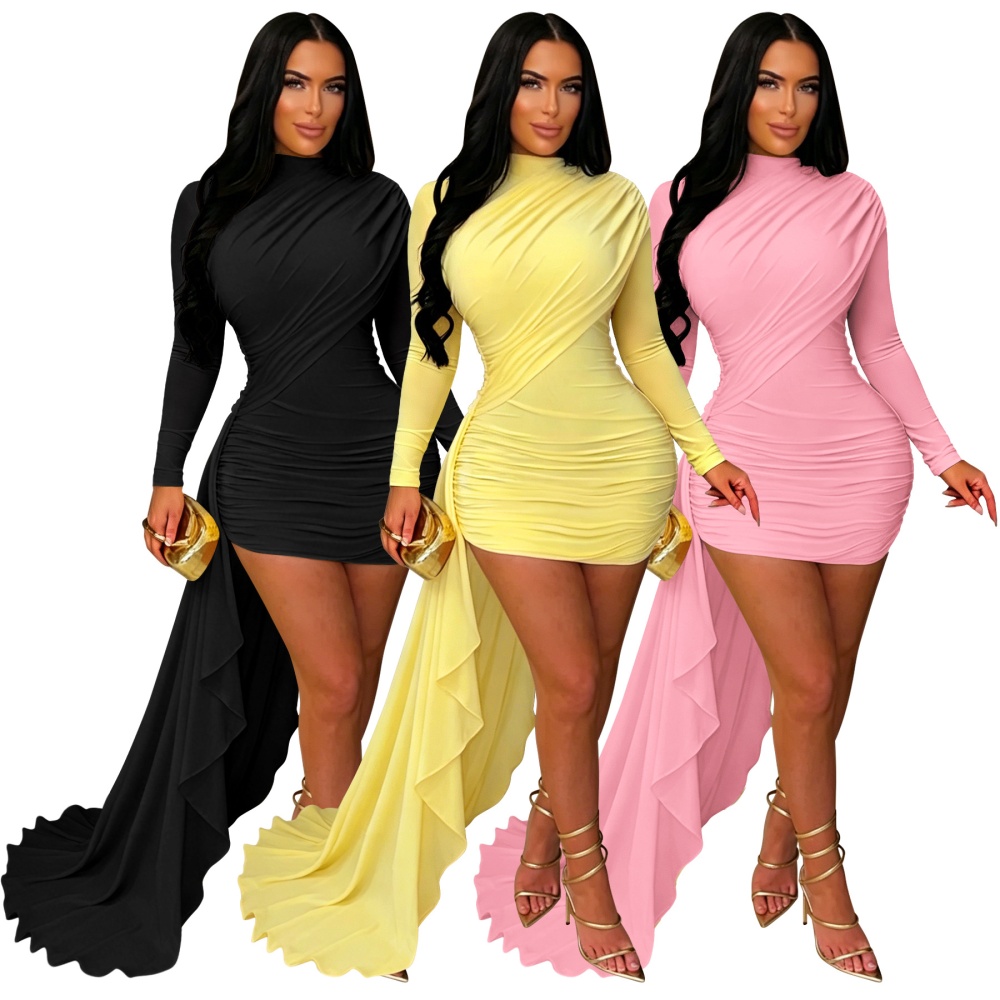 Sexy pure dress long sleeve half high collar T-back