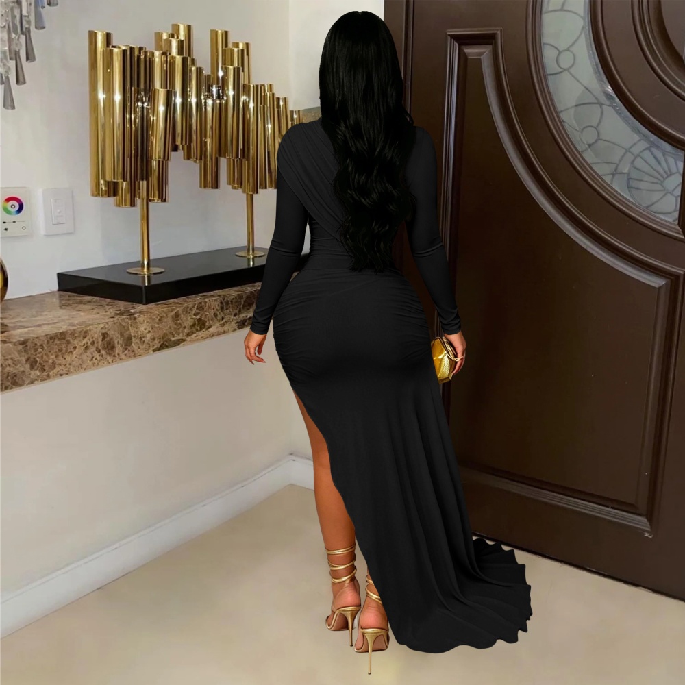 Sexy pure dress long sleeve half high collar T-back