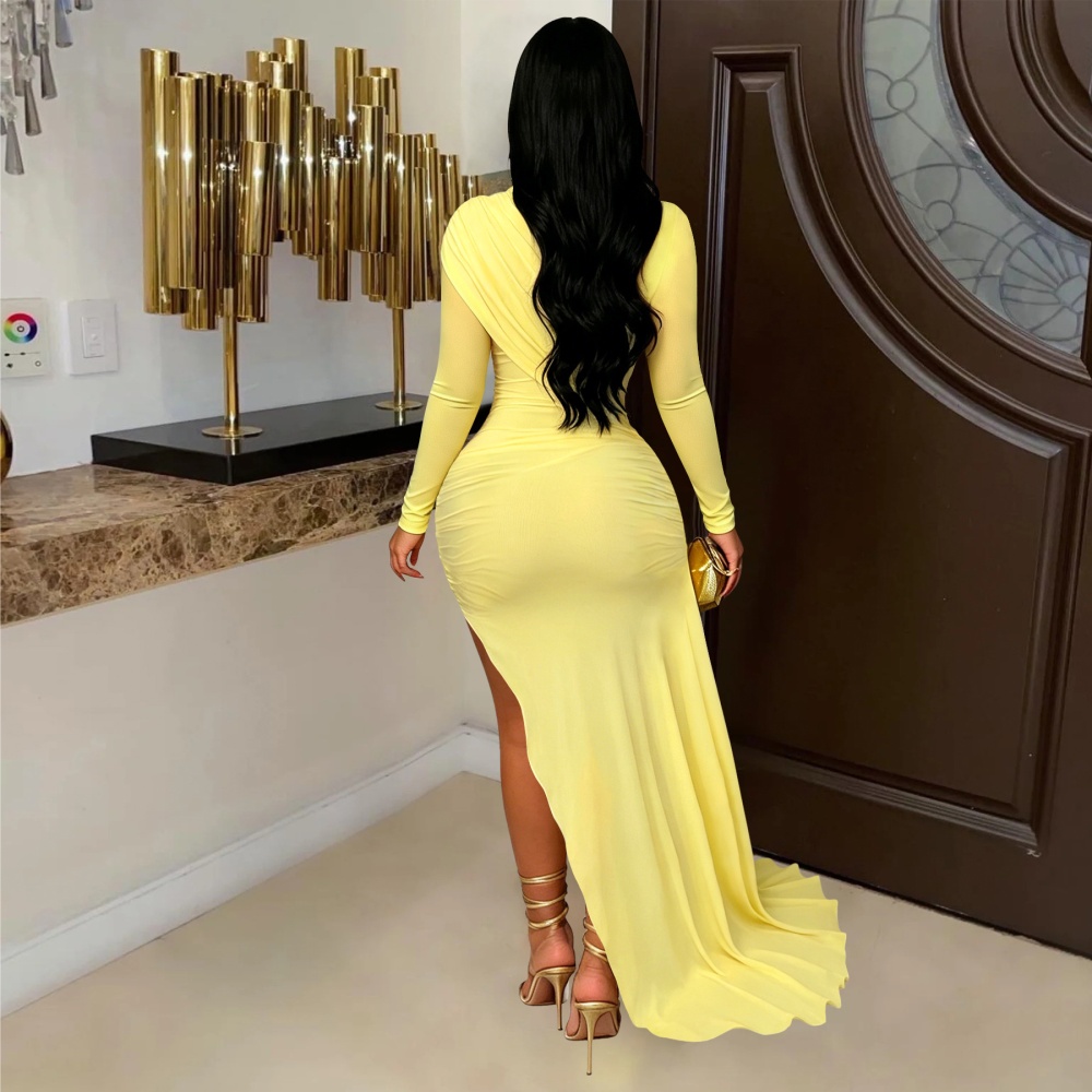 Sexy pure dress long sleeve half high collar T-back