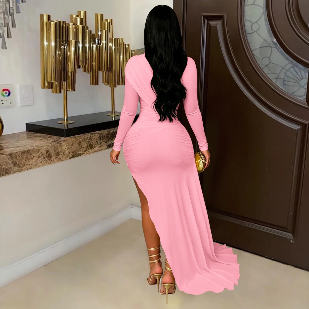 Sexy pure dress long sleeve half high collar T-back