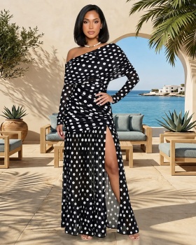 Sloping shoulder long sleeve retro asymmetry polka dot dress
