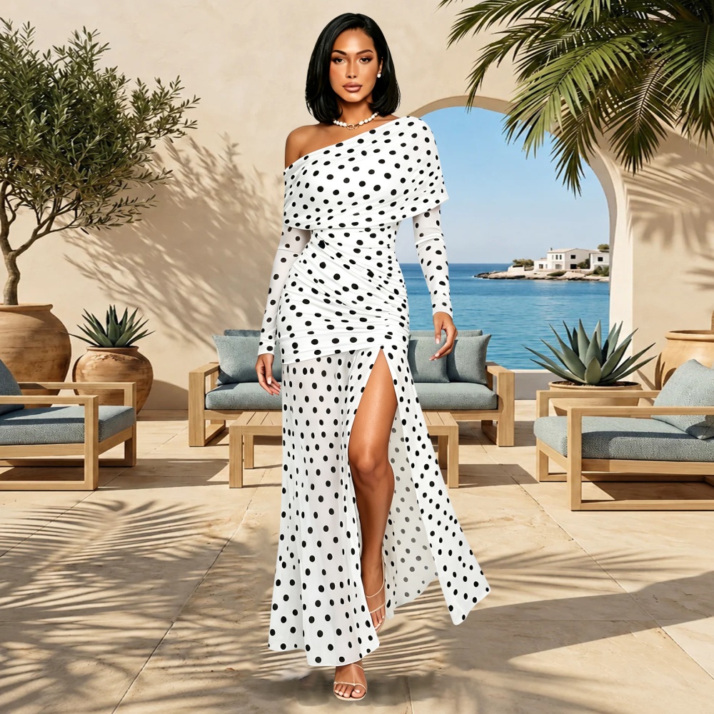 Sloping shoulder long sleeve retro asymmetry polka dot dress