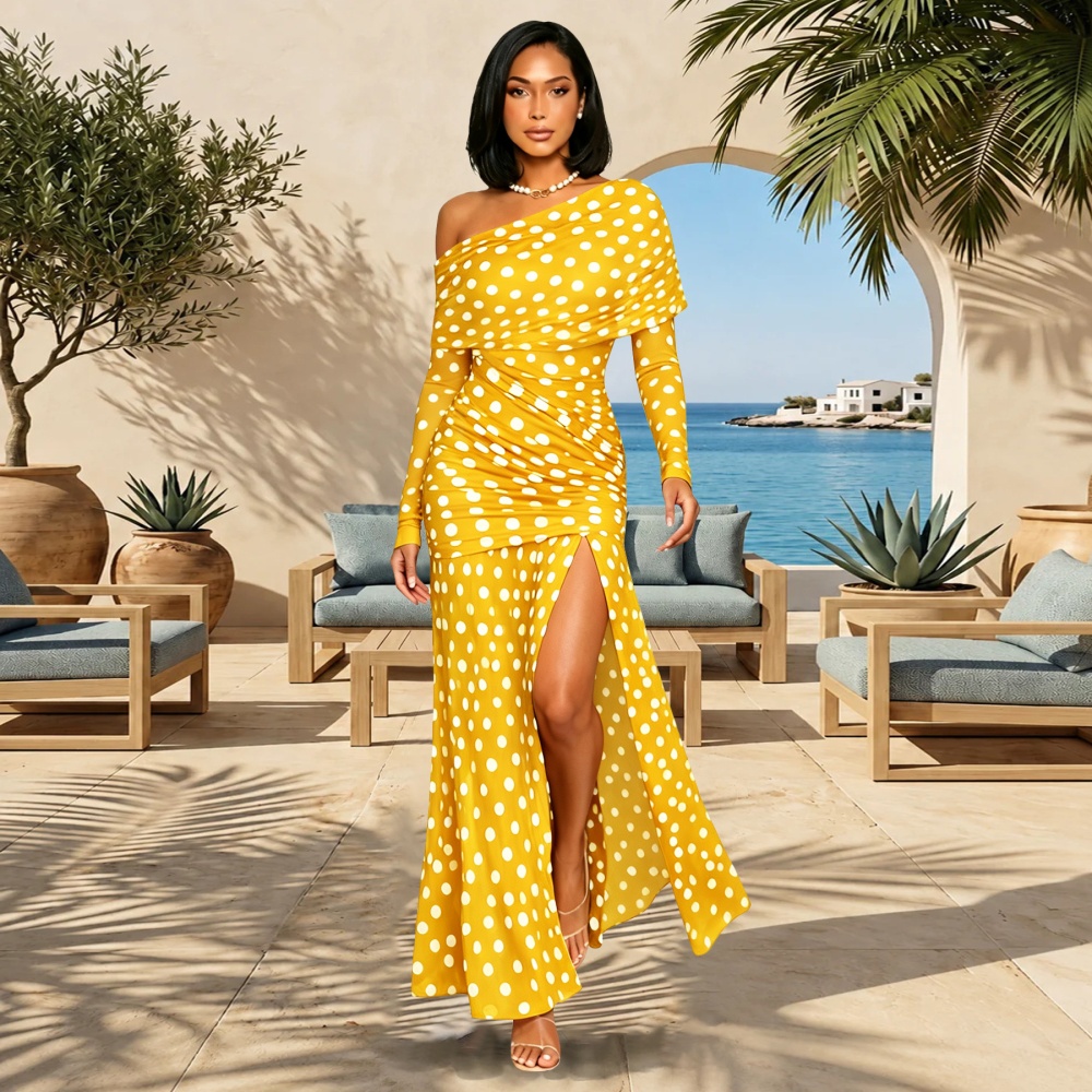 Sloping shoulder long sleeve retro asymmetry polka dot dress