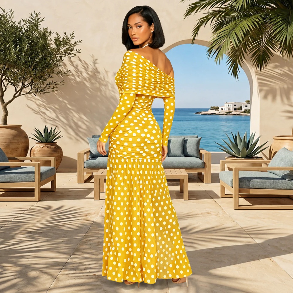 Sloping shoulder long sleeve retro asymmetry polka dot dress