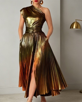 Oblique collar crimp formal dress metal dress for women