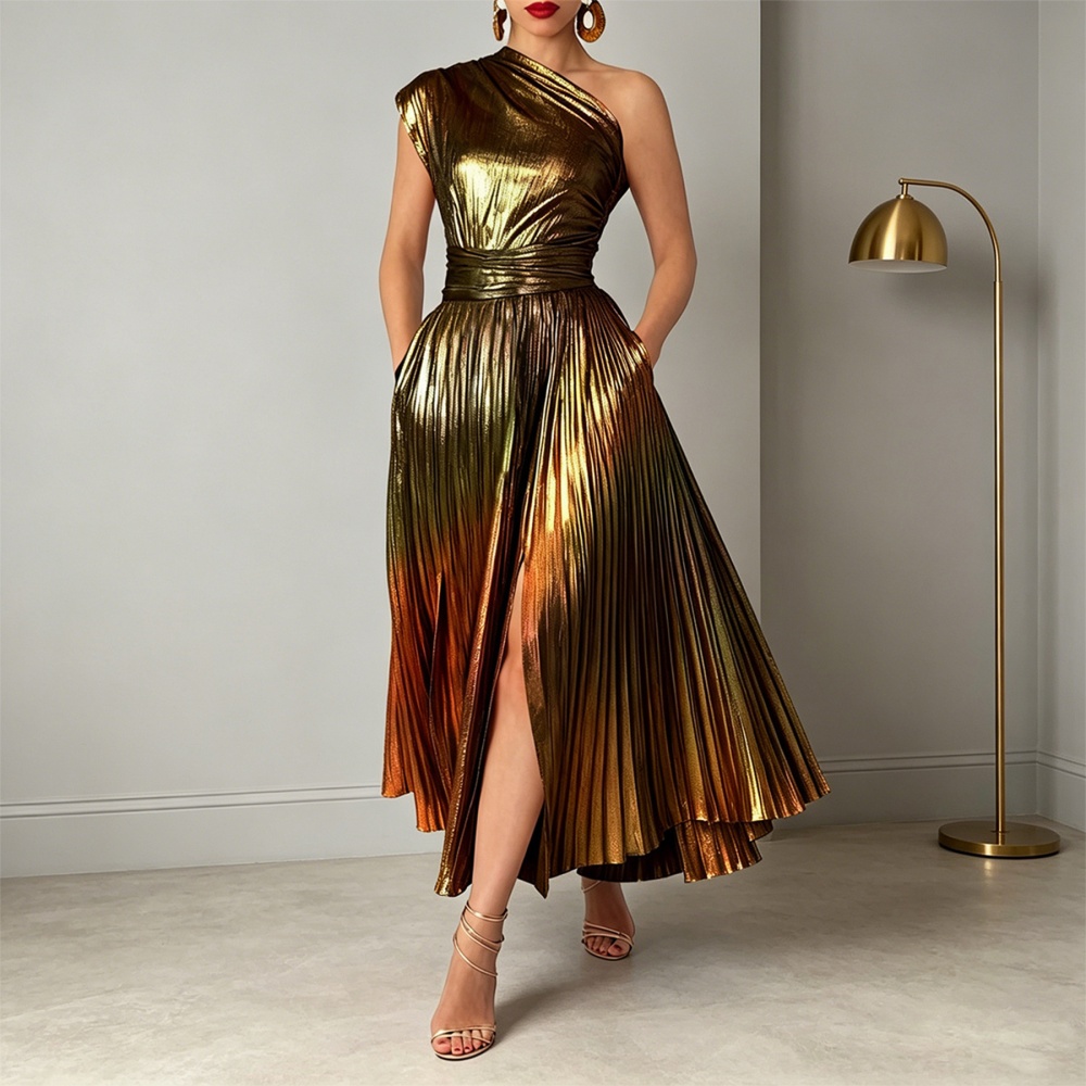 Oblique collar crimp formal dress metal dress for women