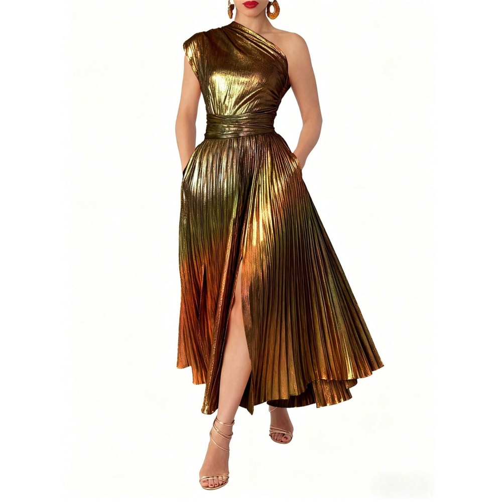 Oblique collar crimp formal dress metal dress for women