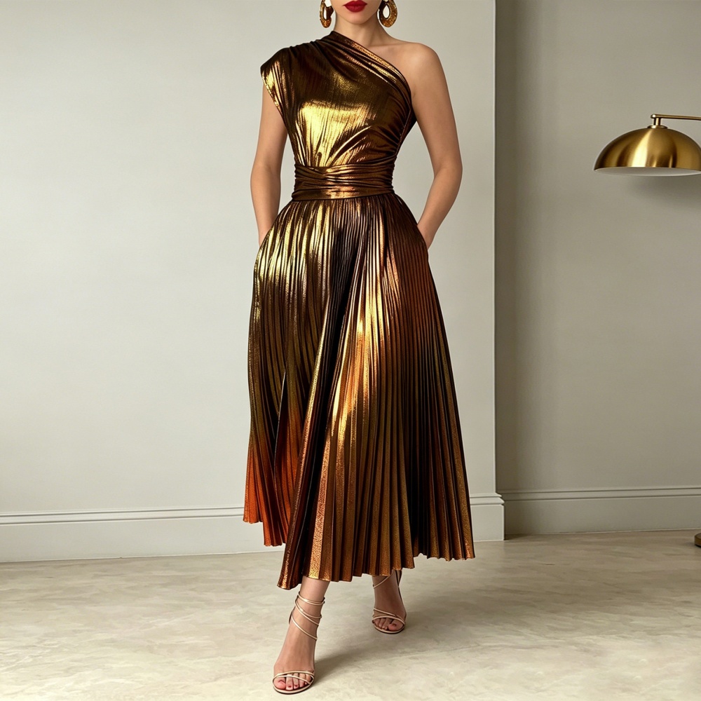 Oblique collar crimp formal dress metal dress for women