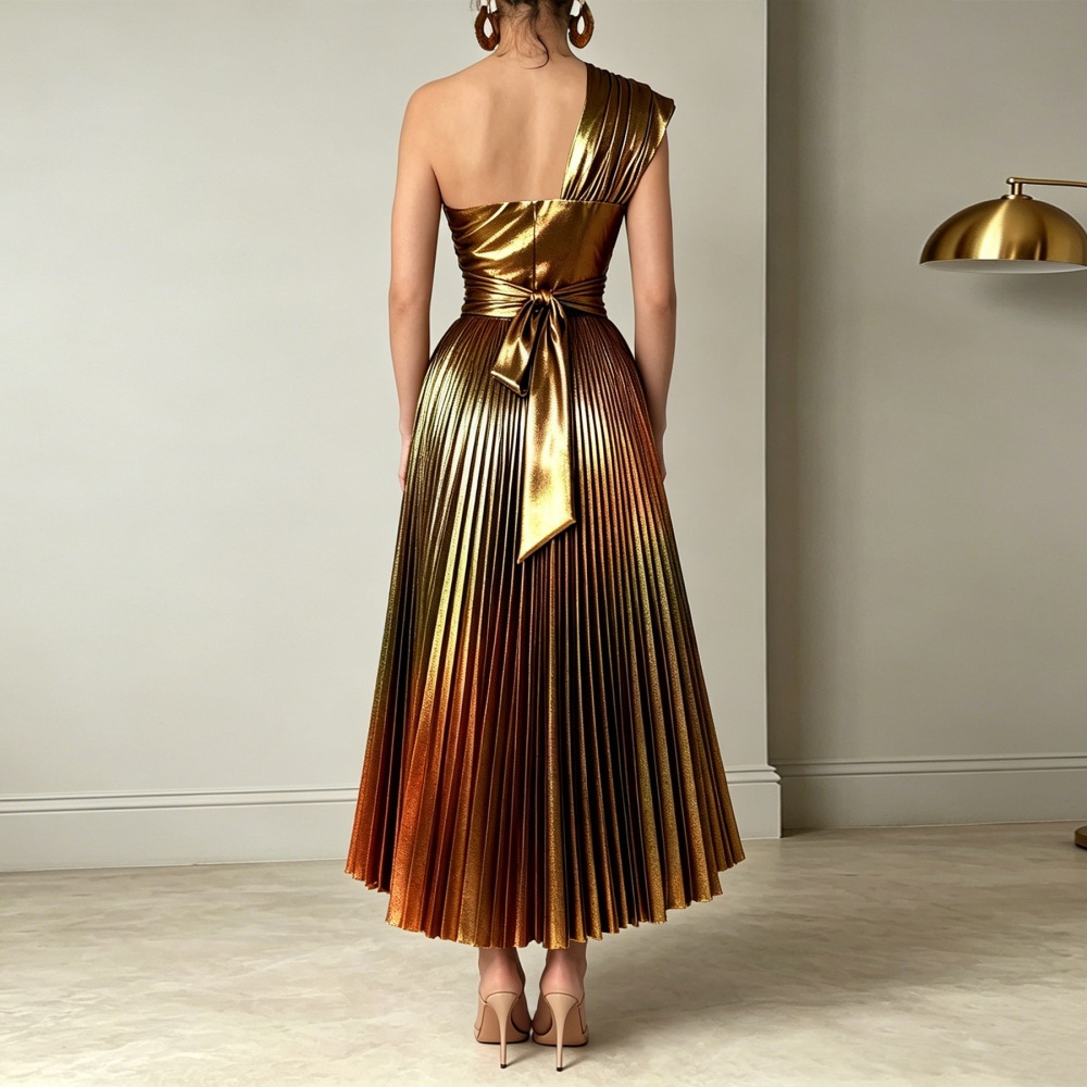 Oblique collar crimp formal dress metal dress for women