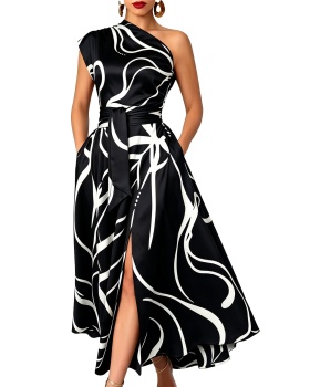 Pocket split long dress printing bandage dress