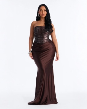 Strapless long dress wrapped chest evening dress