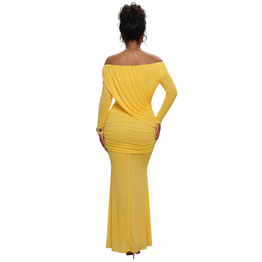 Flat shoulder dress European style long dress for women