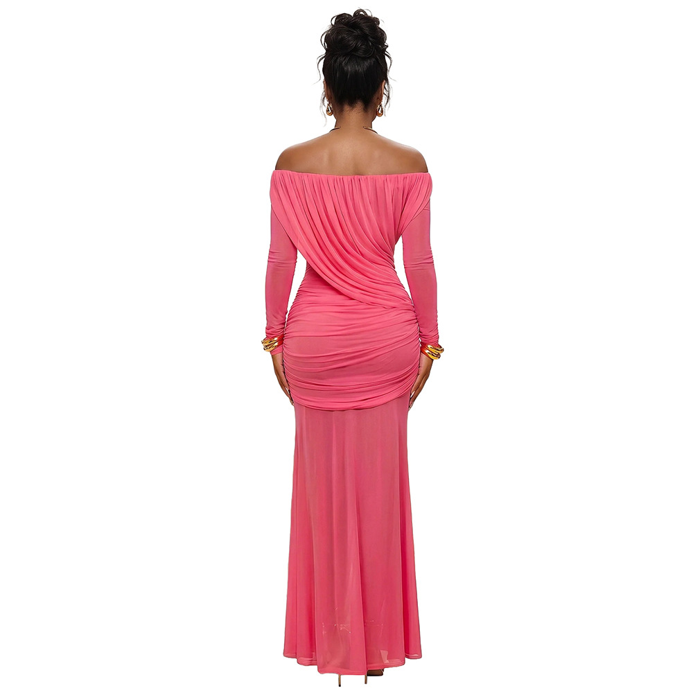 Flat shoulder dress European style long dress for women
