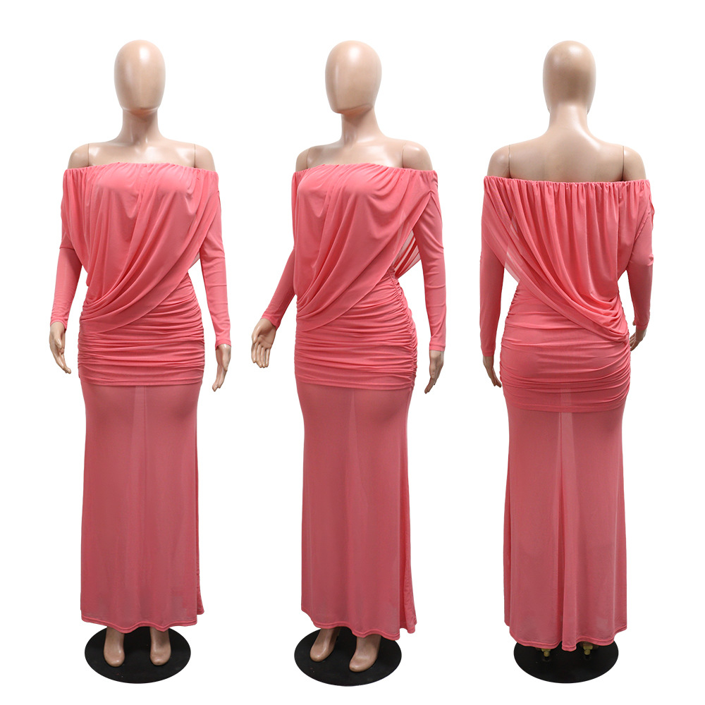 Flat shoulder dress European style long dress for women